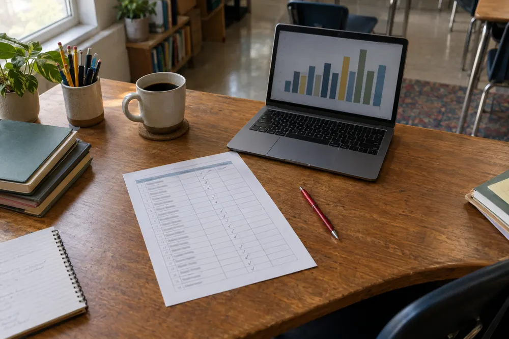 A teacher's desk with a printed class roster, a red pen, coffee, and a laptop showing a bar chart