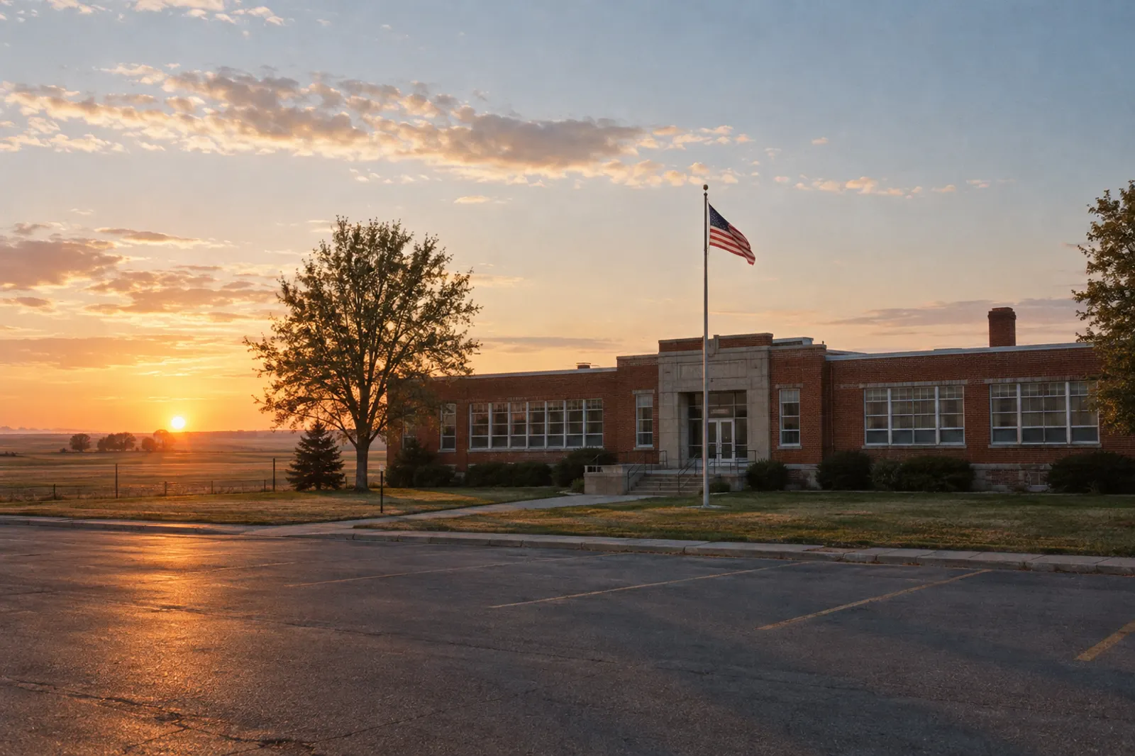 A red-brick rural school building at sunrise with open prairie behind it